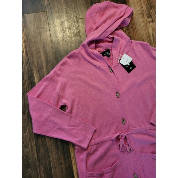 New Pink Hooded Mid Length Light Cardigan Sweater Tie Waist Pockets Marble Sz XS - Picture 3 of 7